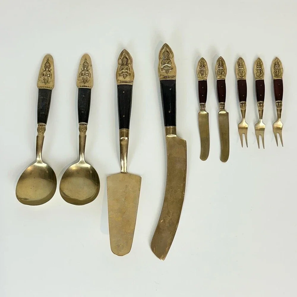 Vintage 9pc Samran Thailand Bronze Wood Serving Set Cake, Spoons, Appetizers 60s